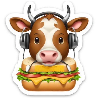 cartoon cow wearing headphones, munching a sub sandwich, apple emoji style sticker
