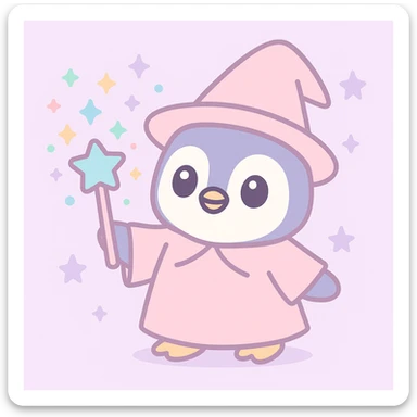 a cute penguin wizard casting a spell, wearing a robe and holding a wand, magical sparkles around sticker