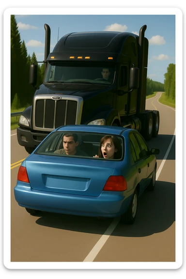 Remove the word 'move' from the car. Keep the scene bright and vibrant, featuring a black semi truck without a trailer and a person inside the car. Maintain the overall vibrant and bright atmosphere. sticker