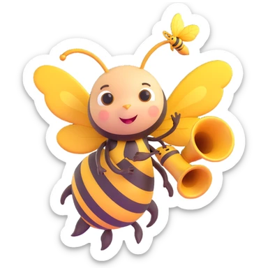 a cute bee with wings, blowing a golden trumpet sticker