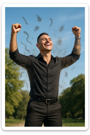 a man stands outdoors in bright sunlight, arms raised in relief and joy, while faint, shadowy silhouettes of parasites fall away from his body and dissolve into the air. His posture is upright and energetic, his expression serene and healthy. The background features green trees and a clear sky, emphasizing liberation and restored well-being. sticker