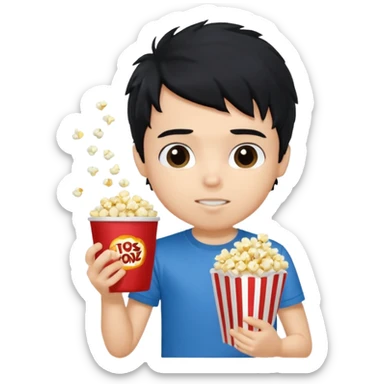 generate a pretty fair bratz boy with a blue tshirt on. eating popcorn. messy black hai sticker