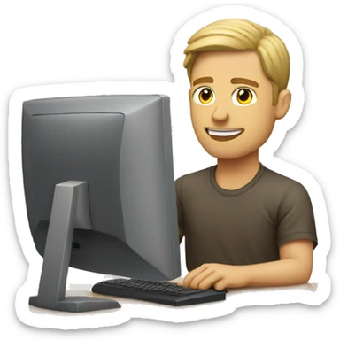 a white guy sitting next to the desk at typing something on computer sticker