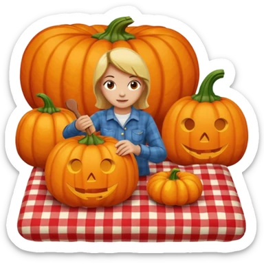 Pumpkin carving on a red gingham blanket  sticker