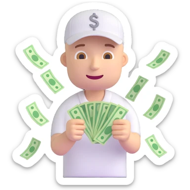 white man with a white cap playing with money, 3D emoji style sticker