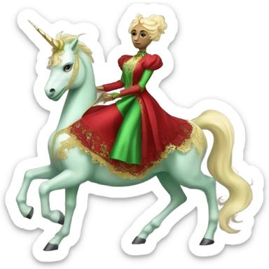 "galora green blonde alien woman" in red Victorian elegant dress, full body, rides unicorn gold and white
 sticker