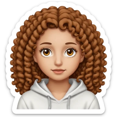 Una ragazza con una felpa semplice bianca,ha gli occhi marroni,i capelli marroni  , c’è gli ha lunghi e ricci molto ricci  ma non troppo e ha le ciglia stile emoji apple sticker
