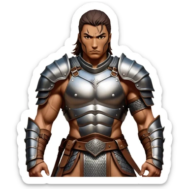 Cinematic Realistic WoW Human Warrior Portrait, captured in a dynamic, battle-ready stance, muscles defined beneath intricately detailed steel armor accented with rich leather. His chiseled visage and determined gaze are rendered with lifelike texture and dynamic natural lighting, high shine, evoking the fierce, relentless spirit of a human warrior in the midst of combat. sticker
