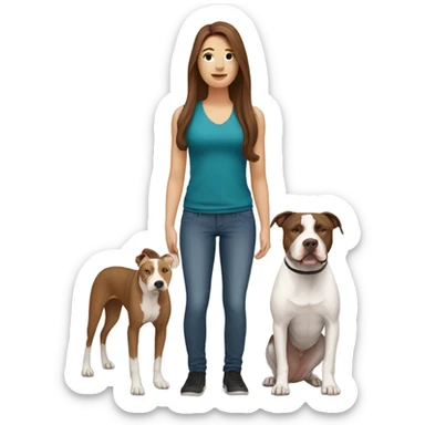 white woman with straight long brown hair standing alongside a white pitbull sticker