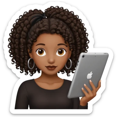 Dark brown Black girl with curly ponytail holding ipad sticker