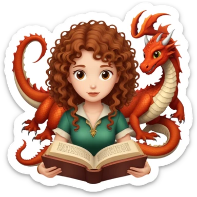 chestnut curly/wavy haired girl reading a fantasy book with dragons sticker
