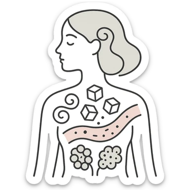 minimalist medical art of a woman's silhouette filled with abstract representations of PCOS symptoms including swirling hair growth, sugar cubes falling into a bloodstream, polycystic ovaries drawn like dark constellations, pastel colors sticker