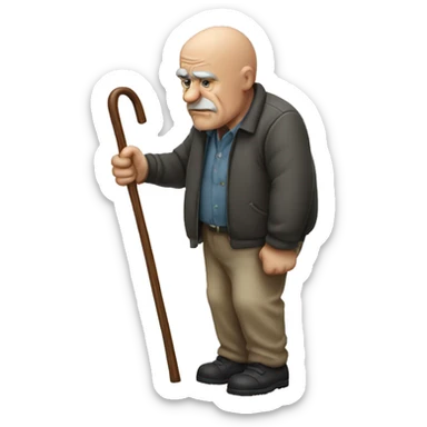 Bald Old man leaning on a walking cane holding his back with his hand grumpy face, detailed sticker