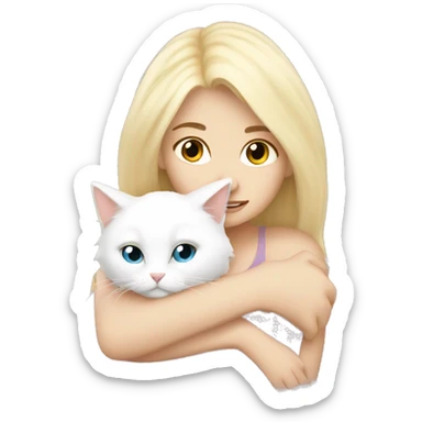 Blonde girl snuggling fluffy white cat sticker