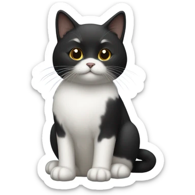 Small, short-haired, black-faced black cat with a white tummy sitting up sticker