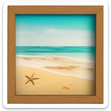 A realistic polaroid photo lying on a wooden surface, with a vibrant picture of a sunny beach scene inside the frame. The photo features a golden sand shoreline, turquoise waves, and a clear blue sky, evoking feelings of nostalgia and wanderlust. sticker