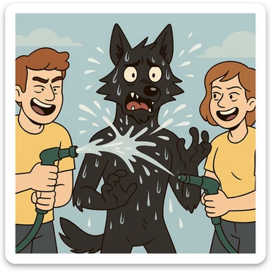 people in yellow shirts spraying water on an anthro black wolf in flat toon style sticker