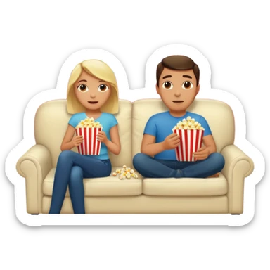 Crea un emoji dove si vedono un uomo e una donna mangiano i pop corn su un divano e guardano la televisione, nella televisione ci deve essere scritto netflix sticker
