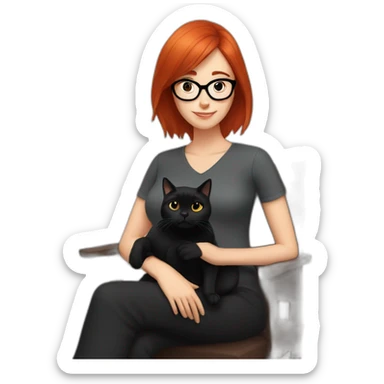 woman with straight red hair and black-rimmed glasses, with a black cat on her lap sticker