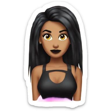 Tanned woman with black hair dressed in 1990s goth hair, makeup, and neon attire  sticker