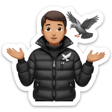 puffer shiny black jacket man open arms looking at a flying pigeon sticker
