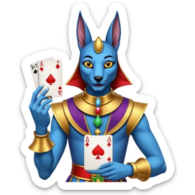 crazy colorful anubi jolly joker from poker, medieval, vintage, court jester, mac os icon, blue color, holds a single poker card on the right paw sticker
