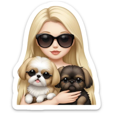 Blonde girl with long hair and pale skin and black sunglasses holding 1 tan Shih Tzu and 1 black Shih Tzu sticker