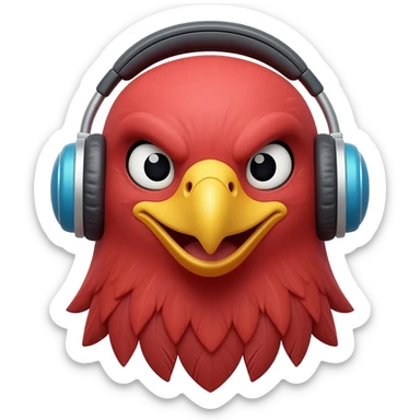 Cute 3D emoji of a red eagle head wearing a blue headset, smiling professionally, isolated on white background, cartoon render. sticker