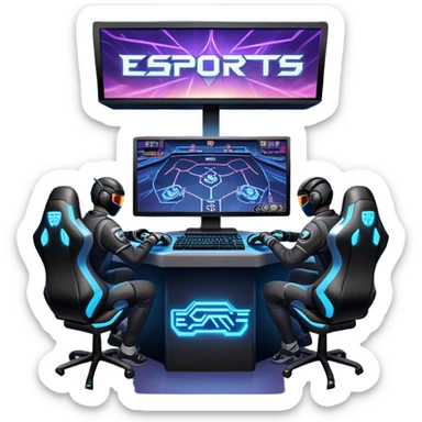 An icon featuring a gaming monitor displaying an intense esports competition, with players' hands on controllers and keyboards. A digital scoreboard and glowing energy lines surround the scene, symbolizing the excitement of competitive gaming. Transparent background highlights the world of esports. sticker