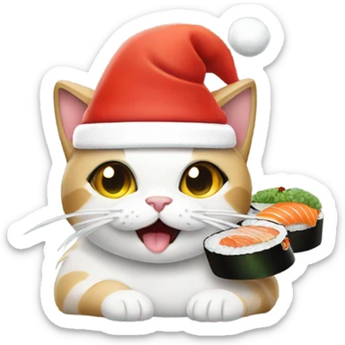 cat wearing a santa hat and eating sushi sticker