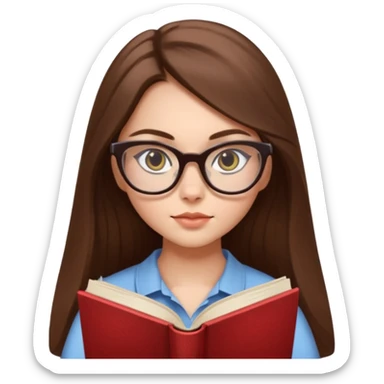 clean beautiful girl long brown hair, wear glasses cat eye, reading a book sticker