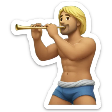 Shirtless man blowing a flute in the bushes sticker