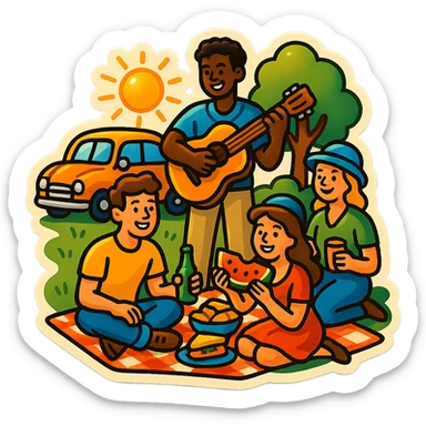 A group of friends having a picnic in retro stickers style, with a vintage setting and colorful details sticker
