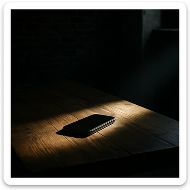 dark room in loft style, iphone lies on wooden table, beam of light shines directly on it and on table sticker