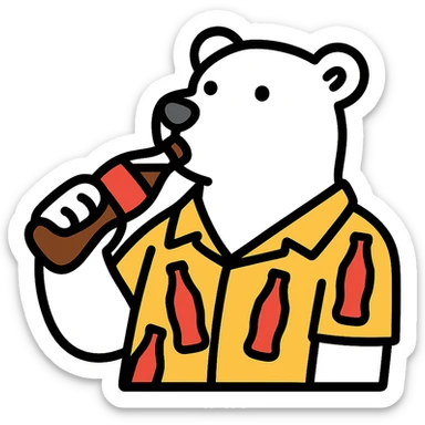polar bear wearing a Hawaiian shirt with Coke bottles printed on it, drinking a bottle of Coca-Cola sticker