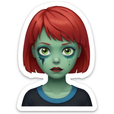 Zombie girl emoji with short red hair and bangs. Blue eyes, green skin, and a black top Her hair is slightly wavy sticker