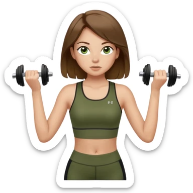 Girl with green eyes, brown hair shoulder length, light skin, and freckles wearing an olive green crop top with black leggings working out, she has light gorgeous lashes sticker