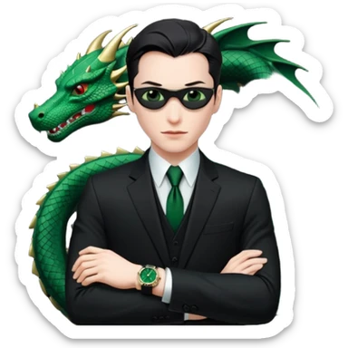 mysterious scenery: green audemars piguet watch (without text), black bugatti, and a dark green dragon, and a mysterious agent from The Matrix sticker