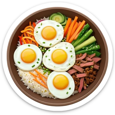 Cinematic Realistic Bibimbap Dish Emoji, showcasing a colorful bowl of mixed rice, assorted vegetables, beef, and a fried egg rendered with lifelike detail and vibrant, harmonious lighting. sticker