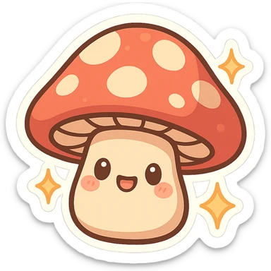 chibi sticker-style mushroom with sparkles, cute and exaggerated sticker