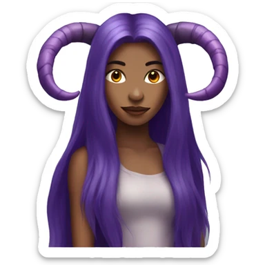 beautiful female with purple long hair hanging down with one demon horn sticker