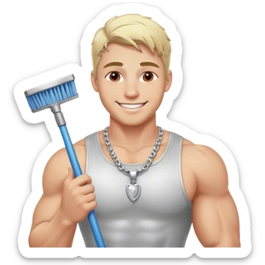 smiling muscular 28 year old man with silver jewelry, blonde hair with a touch of red in it cleaning sticker