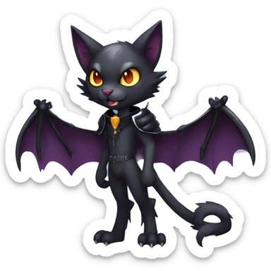 cool edgy anthro dark-themed animal vampiric cat-hybrid Fakemon with fangs and bat-wing-ears with a collar full body sticker