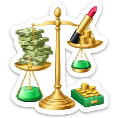 gold scale with a stack of green dollar bills and coins on one side and beauty products including lipstick, perfume, and makeup on the other sticker