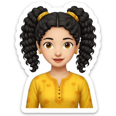 fair Indian girl, black curly hair in ponytail, yellow kurti, cheerful expression sticker