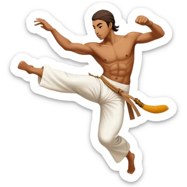 A capoeira fighter in mid-air performing a spinning kick, wearing traditional white capoeira pants and a cord, vibrant and flowing pose, surrounded by motion swirls sticker