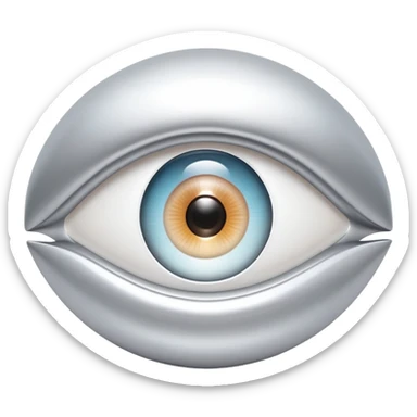 white capital letter O inside almond-shaped gradient eye, silver curved accents on both sides, symbolizing vision and clarity sticker