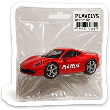 red Ferrari car with the word 'PLAVLEYS' on the side, inside a Hot Wheels style blister package, glossy and puffy, no background sticker