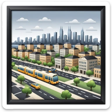 a small city,with buildings, streets, with it's calm transit sticker
