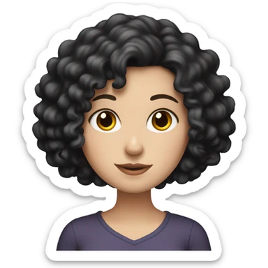 White girl with black curly hair reading sticker